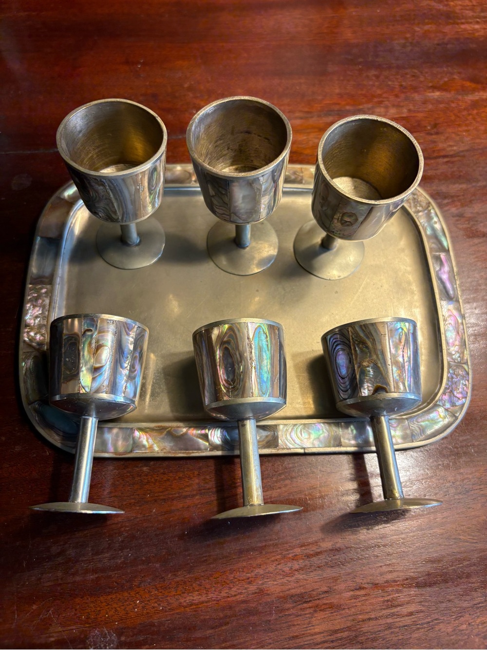 Set of 6 vintage abalone shell & silver shot glasses or cordial glasses